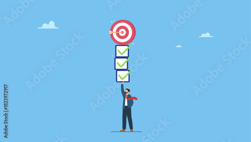 Businessman finish task checklist to achieve work target. Finish work and achieve goal, responsibility, effort, productivity or efficiency to complete project, challenge to success.
