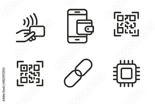 Technology icons: contactless payment, qr codes, mobile wallet, blockchain, microchip