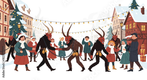 Krampusnacht scene in a snowy town square with Krampus figures dancing among people, Christmas tree, and buildings decorated with lights.