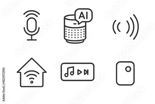 Smart home technology icons: voice control, ai speaker, wireless connectivity, smart home, music streaming