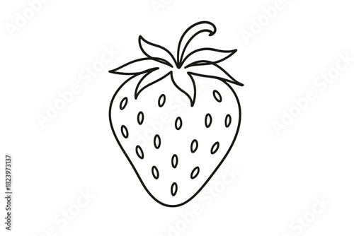 Black and white line drawing of a strawberry with leaves on top