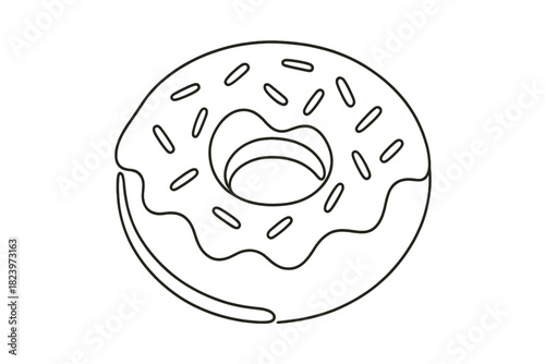 Black and white line drawing of a donut with sprinkles