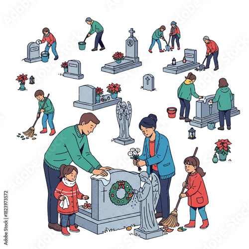 Illustration of people cleaning and tending to gravestones in a cemetery, showing respect and remembrance.