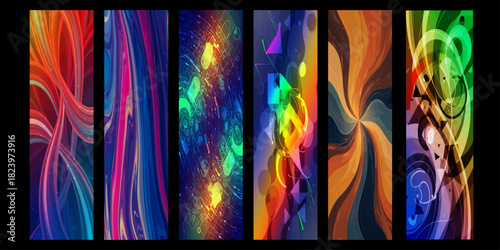 This image displays six vibrant, abstract vertical banners exploring diverse visual themes. The designs range from fluid, colorful ribbons and psychedelic swirls to starry, cosmic-like explosions.