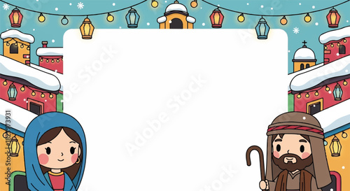 Cartoon illustration depicting a winter scene with Mary and Joseph in a snowy village, framed by colorful buildings and festive lights.