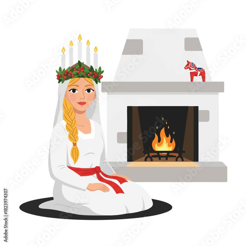 A blonde woman wearing a Lucia crown kneels near a fireplace with a Dala horse decoration, celebrating the Swedish Saint Lucia Day tradition.