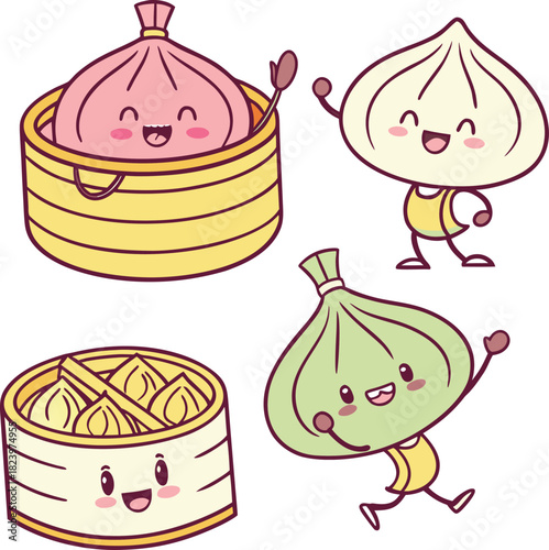 Cute kawaii dumplings and dim sum in bamboo steamers waving and dancing