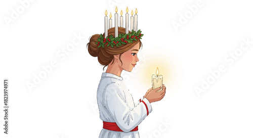 Illustration of a young girl wearing a Lucia crown with candles, holding a lit candle in her hand, side view, against a white background.
