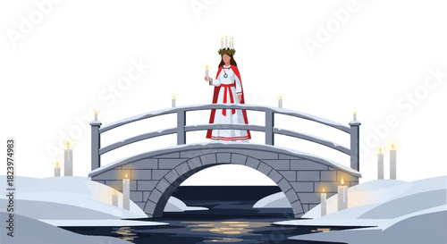 A woman dressed as Saint Lucia stands on a stone bridge over a snowy river, holding a candle.