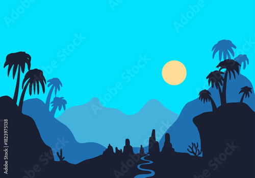 Panaramic landscape with palm trees, mountains and beach. Summer and vacation vector illustration.