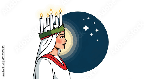 Illustration of a woman wearing a traditional St. Lucia crown with lit candles, set against a night sky with stars and a moon.