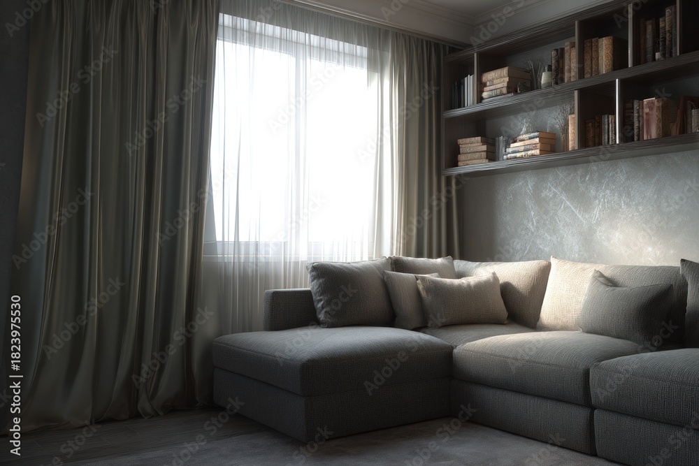 Fototapeta premium Elegant living room with gray sofa curtains and bookshelf bathed in soft light