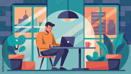 Man working on laptop at home with headset in cozy room filled with plants and city view during sunset