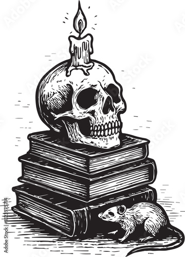 skull with candle and books vector illustration