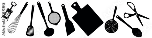 Corkscrew, scissors, whisk, ladle and cutting board, spatula, spoon, colander, sieve black silhouette icons. Flat vector illustration isolated on white background.