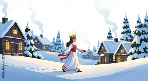 A young girl dressed as Saint Lucia walks through a snowy village, wearing a crown of candles and a white dress with a red sash.