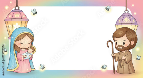 Cartoon illustration depicting the Nativity scene with Mary holding baby Jesus and Joseph with a staff, framed by lanterns and fireflies.