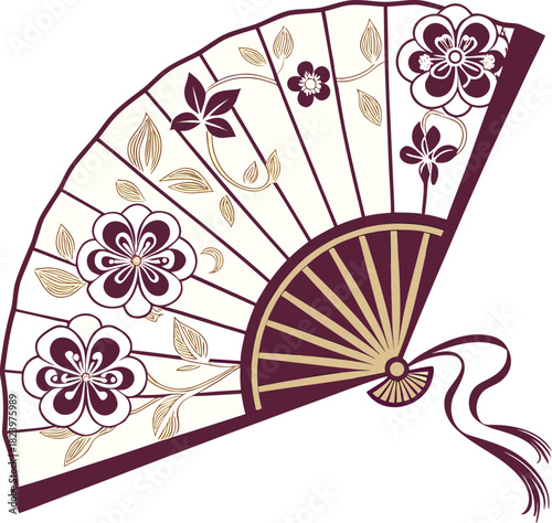 Elegant japanese fan with floral pattern and ribbon detail isolated on black