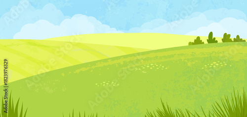 Landscape vector background. Nature wallpaper with blue sky, clouds, grass and place for your text. Grange and vintage field. Illustration for banner, wall art, cover, decoration temlate.
