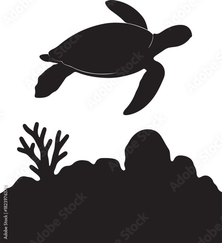 A majestic sea turtle gracefully swims above a vibrant coral reef habitat