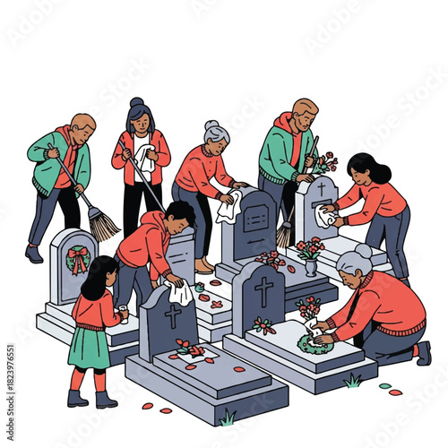 A group of people, including adults and a child, are cleaning and decorating gravestones in a cemetery with cloths, a broom, flowers, and wreaths.