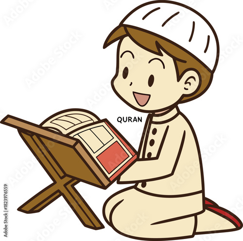 Child reading quran on a stand with a happy expression and religious attire