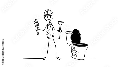 Stick Figure Plumber with Toilet and Tools Cartoon Illustration.