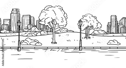 The silhouette of a megalopolis city on the horizon and a city park, black and white sketch. Vector illustration. Bushes in the grass and sidewalk, seamless border, isolated on a white background. 