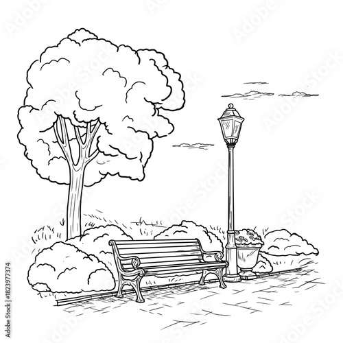 A tree and a park lantern, flowerbed with flowers in grass, a sketch. Drawing is hand-drawn, a simple drawing, is isolated on white background. Alley of city park,square. Vector illustration.