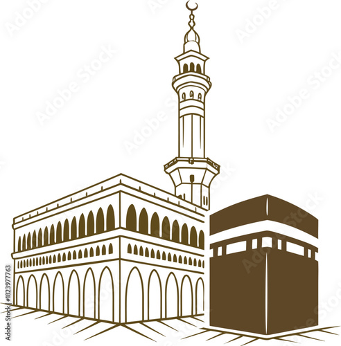 Kaaba and mosque illustration in mecca, a sacred islamic site, golden line art