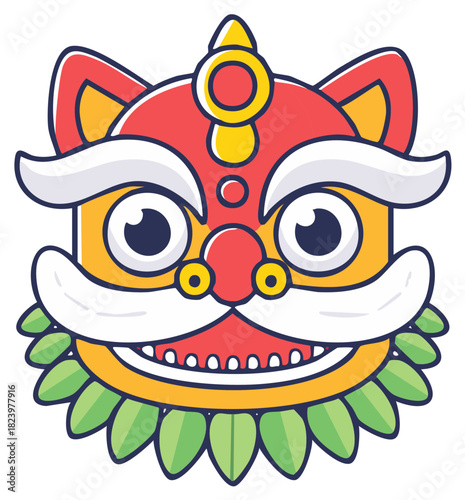 Cartoon Lunar New Year Lion Dance Head Illustration with Smiling Face and Ornamental Detail