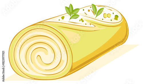 Rolled Cake with Cream Filling and Green Leaf Garnish