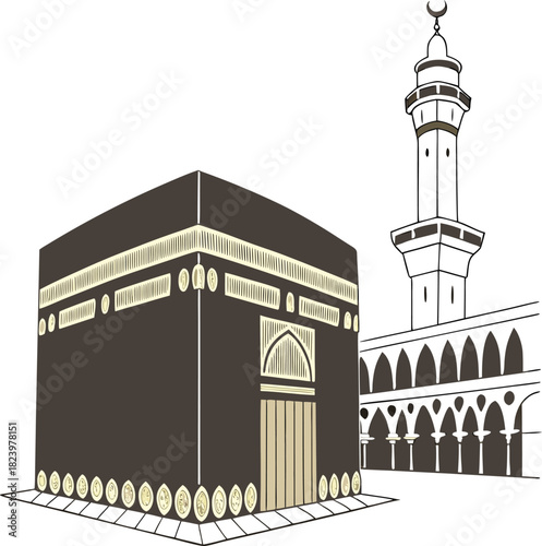 The kaaba and a minaret in mecca, a symbolic islamic pilgrimage destination illustration