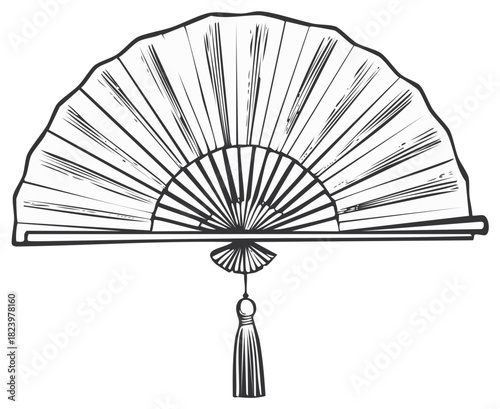 Elegant Hand Fan Illustration with Tassel, Open Oriental Fan Sketch, Vintage Style Asian Decoration Object