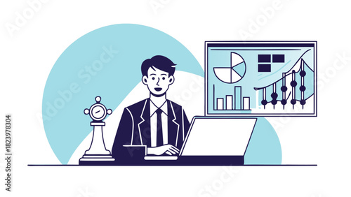 Professional 2d flat illustration of a ceo giving a presentation or speech featuring a business leader in a corporate setting with potential for graphic design elements