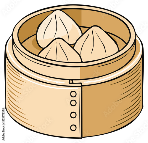 Chinese dim sum soup dumplings in a traditional bamboo steamer basket illustration
