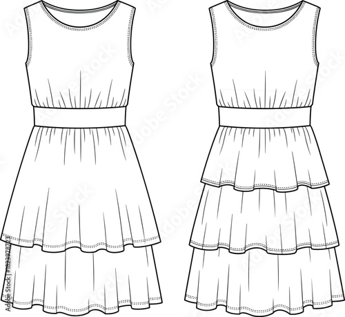 Sleeveless women's technical fashion drawing sketch of tiered ruffle skirt A-line dress with gathered waist detail and round neckline vector illustration.