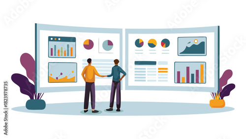 Professional 2d illustration of a diverse team collaborating and analyzing data on a chart showcasing teamwork strategy and business growth in a modern office setting