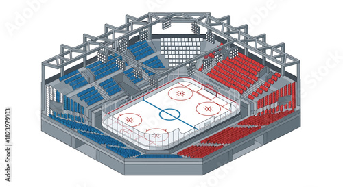 Isometric ice hockey arena illustration with seating design for sports event planning