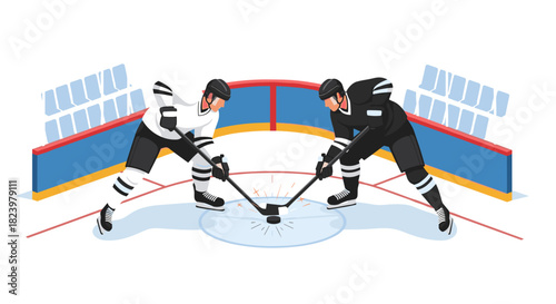 Intense ice hockey faceoff scene with players in protective gear on rink