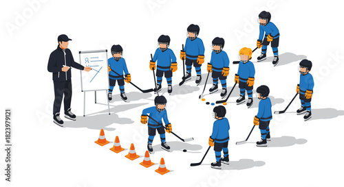 Youth hockey training session with coach explaining tactics to young players