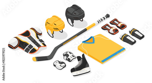 Ice hockey equipment vector illustration featuring helmets, jerseys, and protective gear for sports design projects