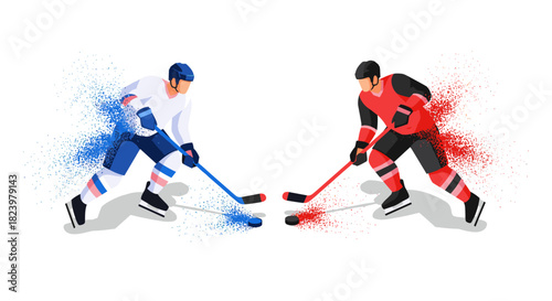 Dynamic ice hockey match scene with players in action and splatter effect for sports design