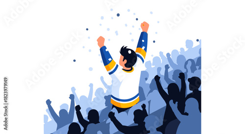 Celebratory hockey fan cheering in a crowd with raised arms and blue uniform for sports event illustration