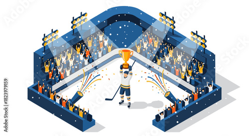 Ice hockey championship victory celebration in arena with fans and trophy illustration