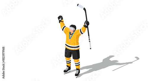 Victory celebration in ice hockey isometric illustration - champion player with medal