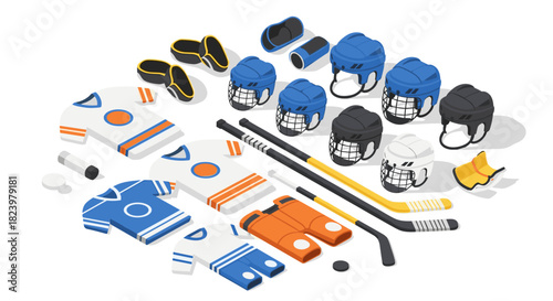 Isometric hockey equipment set with jerseys and helmets for sports design