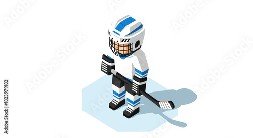 Isometric ice hockey player in blue and white uniform on hexagonal ice surface for sports design