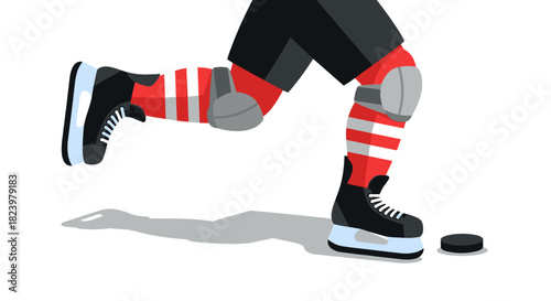 Ice hockey action with player in striped socks skating toward puck