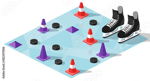 Ice skating training concept with cones and pucks on rink surface for sport practice and skill development